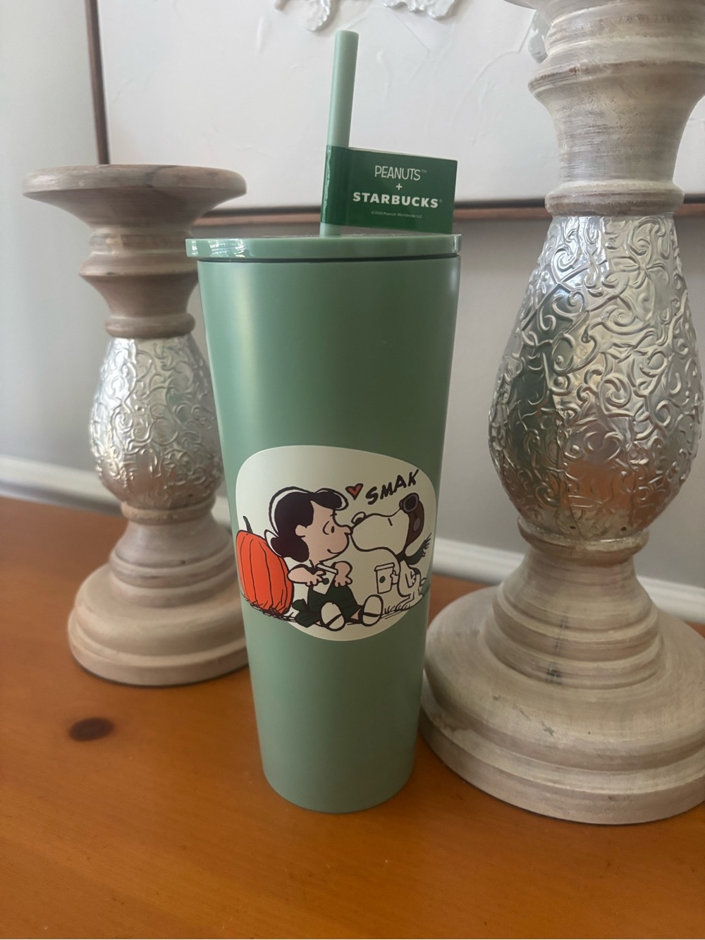 Starbucks Peanuts Sage Green Tumbler with Snoopy Graphic